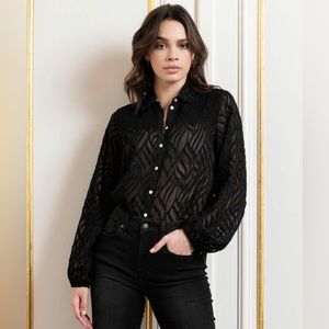 Esqualo Blouse Burn Out Smock Black Size 8 NWT